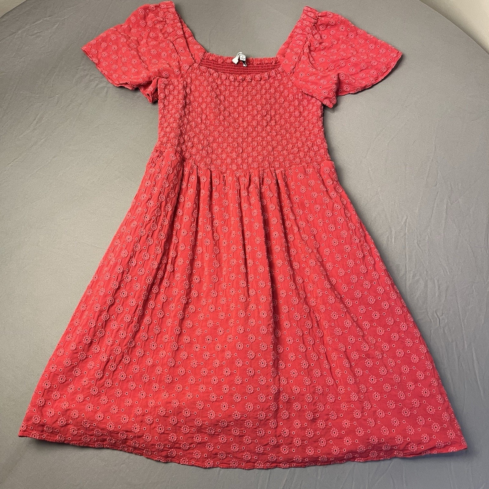 Madewell Womens Small Eyelet Lucie Smocked Mini Dress Square Neck Puff Sleeve